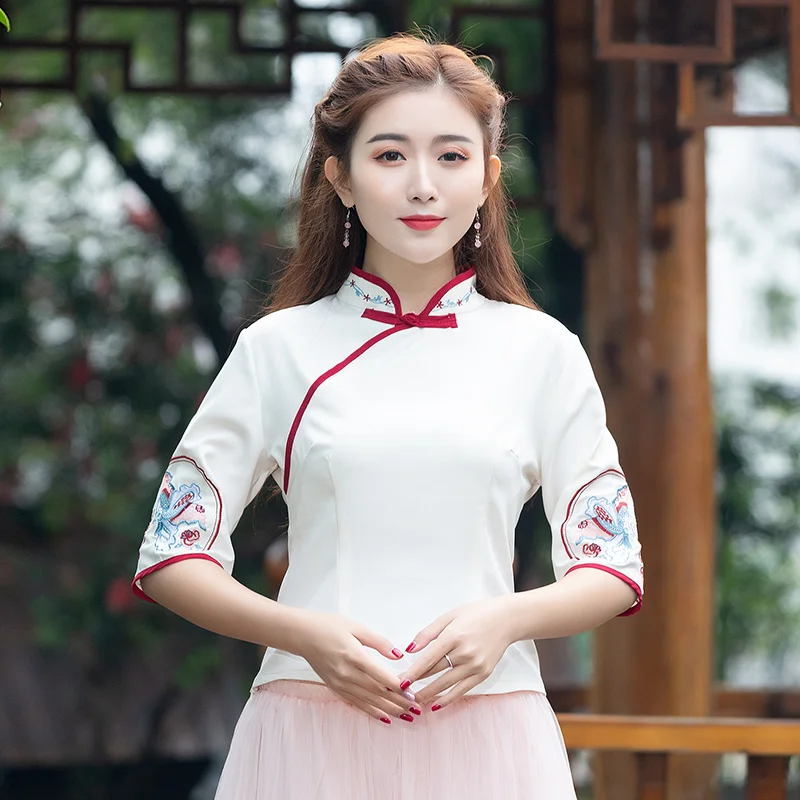 Женская однотонная блузка в этническом стиле с коротким рукавом и