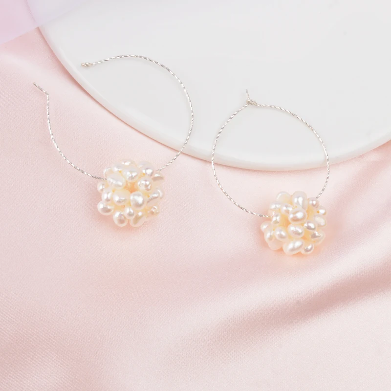 Женские серьги кольца из серебра 925 пробы с натуральным пресноводным