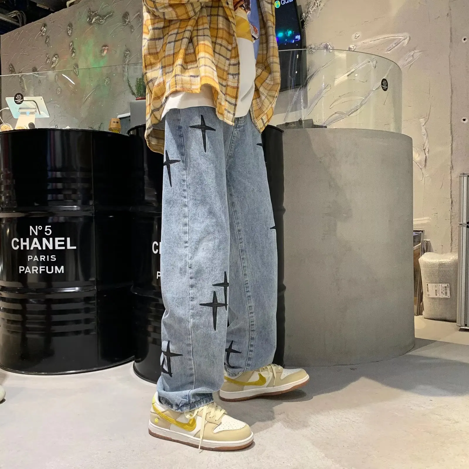 ICCLEK High Street Washed Jeans Men's Jeans Embroidered Jeans Straight Casual Pants Men Jeans  Skinny Jeans  Straight Leg Jeans