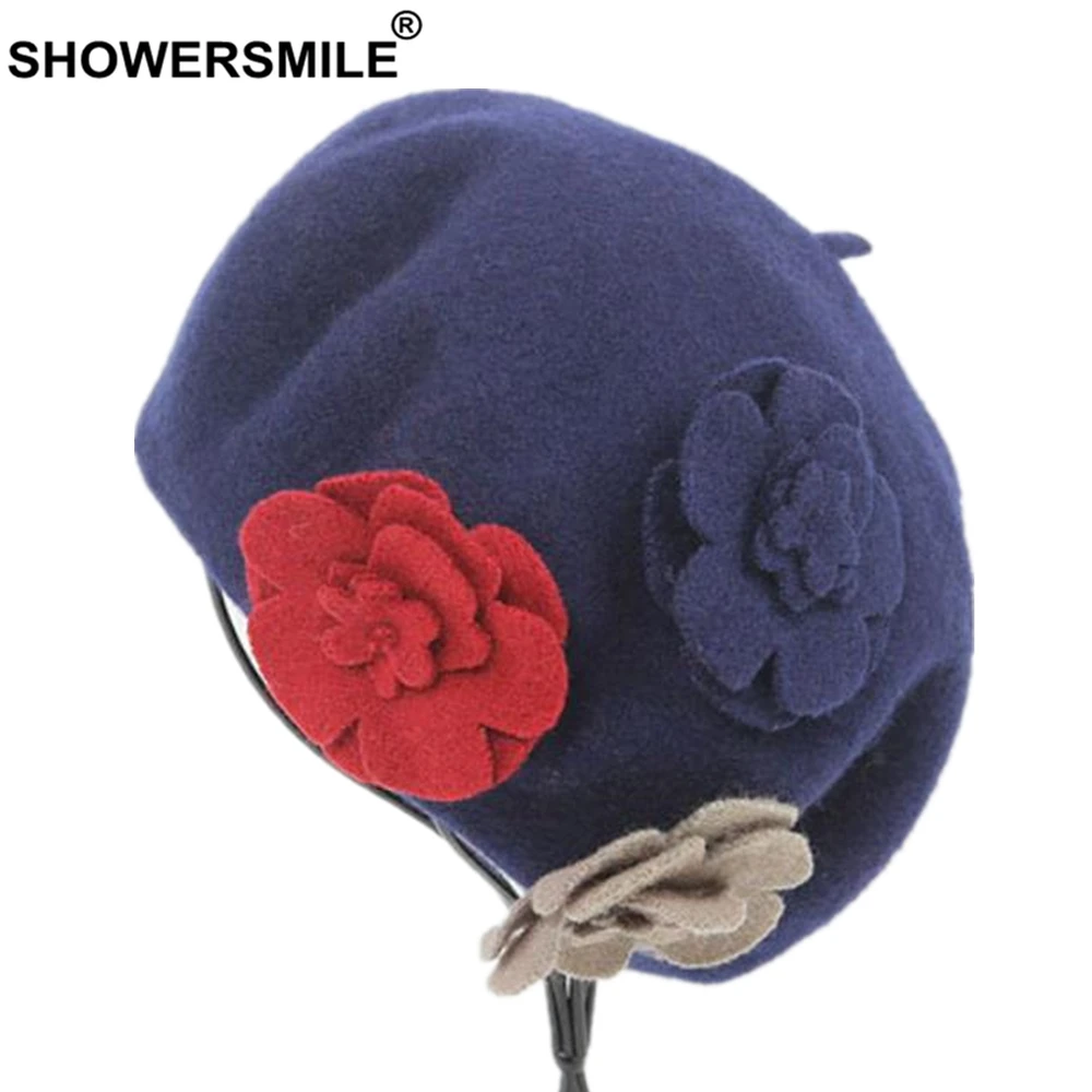 Женский берет с цветочным принтом SHOWERSMILE бордовая шерстяная шапка винтажная