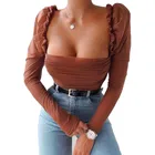 Женское пикантное боди, длинный сетчатый комбинезон с пышными рукавами и глубоким квадратным вырезом, облегающий эластичный комбинезон, комбинезон, 2019, модные футболки