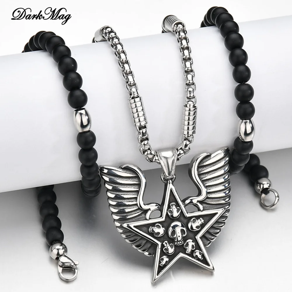 

DarkMag 316L нержавеющая сталь Punk Devil череп для мужчин кулон из черного бисера ожерелье уникальный дизайн Крыло Череп высокое качество изделия