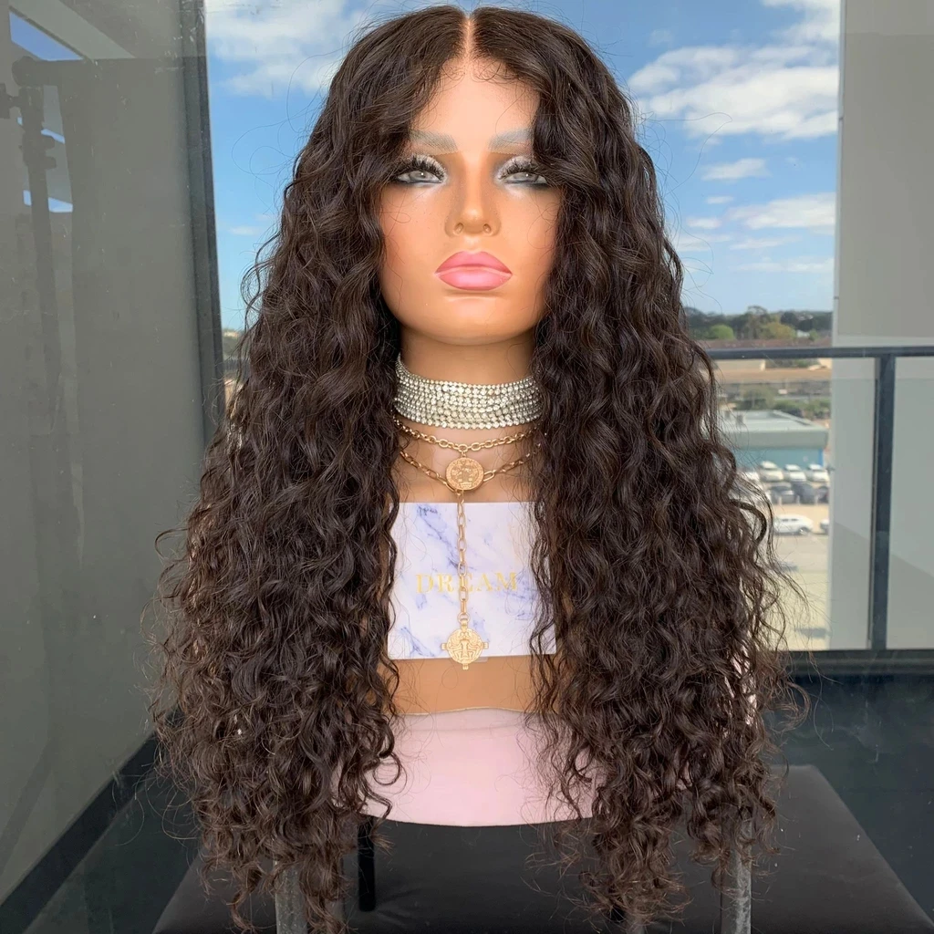 

Dark Brown Color #2 Curly Wig Synthetic Hair Lace Front Wigs For Black Women Lace Frontal Fiber Natural Hairline Glueless