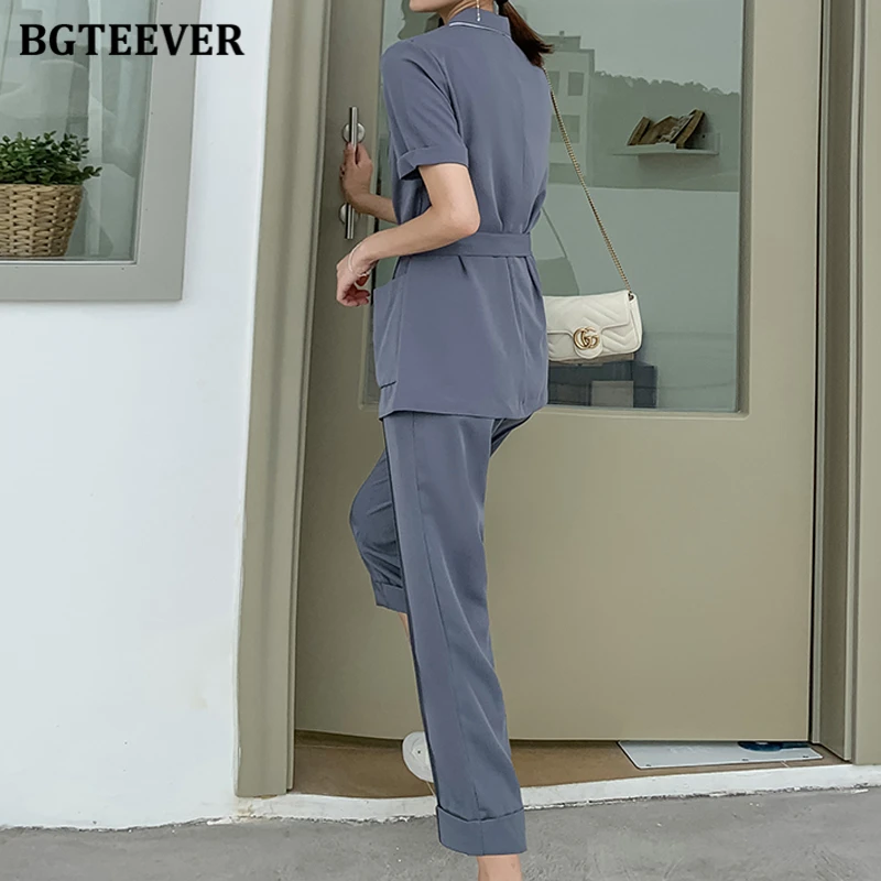 BGTEEVER Повседневный двубортный женский пиджак и прямые брюки с высокой талией