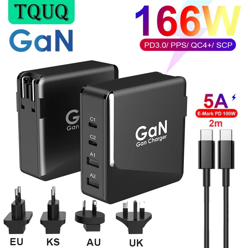 

TQUQ GaN 166W Fast Charge Power Adapter, 2port 100W USB C PD 3.0 PPS and 18W QC3.0 QC4+ Quick Charger For Mobile Phone/Laptops