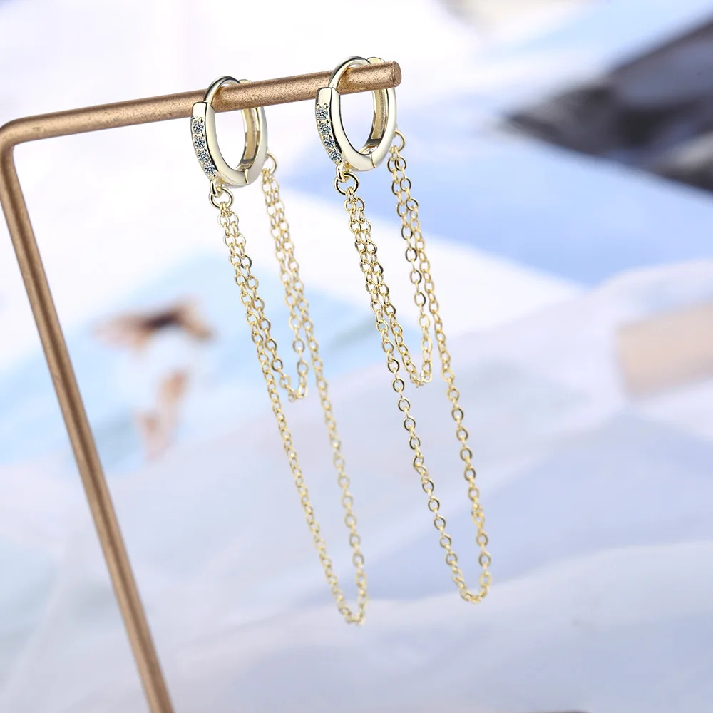 Ins Style 925 Sterling Silver Crystal Long Chain Round Tassel Clip Earrings For Female Party Gifts Jewelry | Украшения и