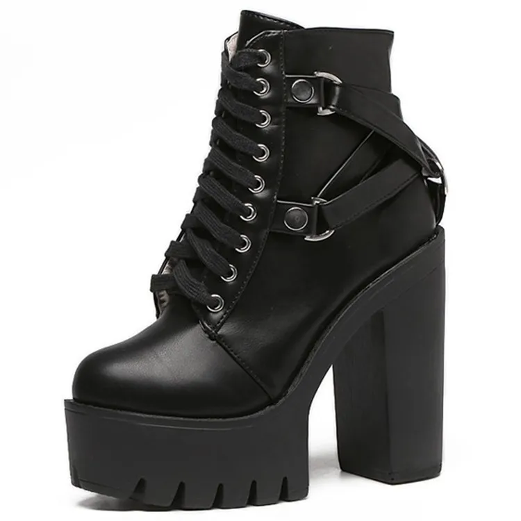 

Fashion Black Boots Women Heel Spring Autumn Lace-up Soft Leather Platform Shoes Woman Party Ankle Boots High Heels 369