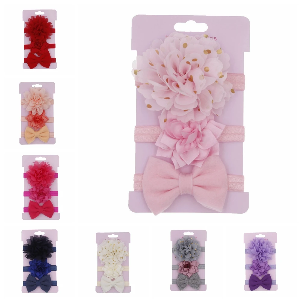 

Hot 3 pcs/set Baby Chiffon Flowers Headbands Set Toddler Girls Felt Bowknot Hairbands Children Bows Hair Band Accessories