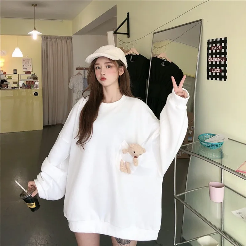 Harajuku Chic Crewneck Women Sweatshirt Pullover Hoodies Solid Color Oversized Bear Female Clothes Loose Cute Kawaii Sweetshirt