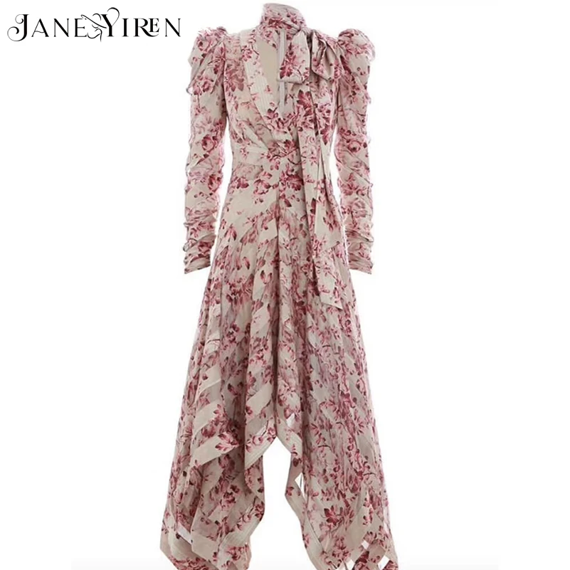 

Janeyiren 2021 новые модные взлетно-посадочной полосы асимметричное платье для женщин с длинными рукавами принт в винтажном стиле; Вечерние плать...