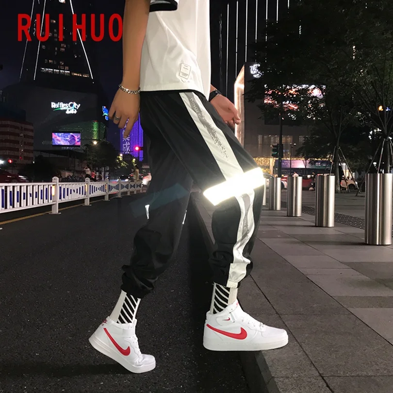 RUIHUO Светоотражающая статья Штаны Для мужчин Японская уличная одежда джоггеры