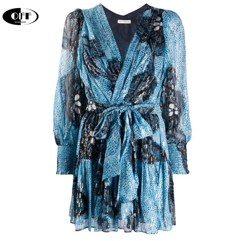 Мини-платье с длинным рукавом V-образным вырезом и поясом | Женская одежда