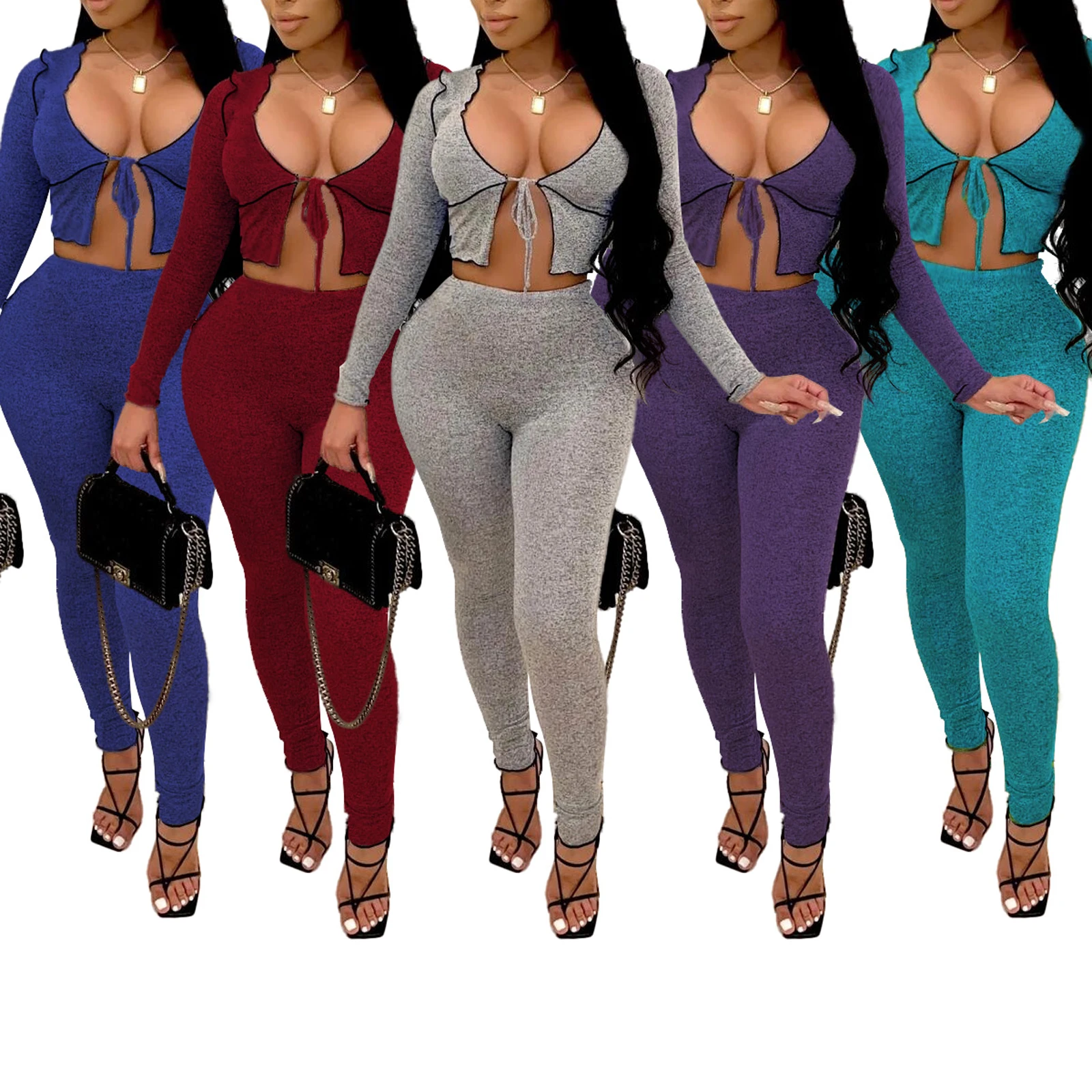 

Hirigin 2020 Fashion Women's Long Sleeve Trouser Suit, Solid Color V-Collar Sports Set, Casual High Waist Tight Outfits