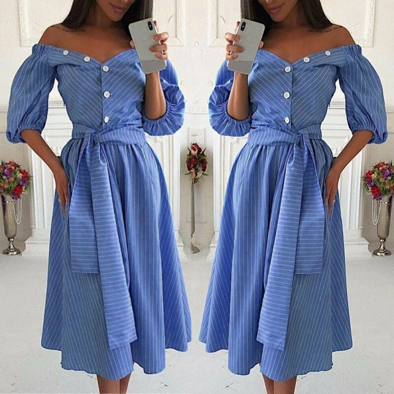 Элегантное женское платье с открытыми плечами летнее Новое синее Полосатое