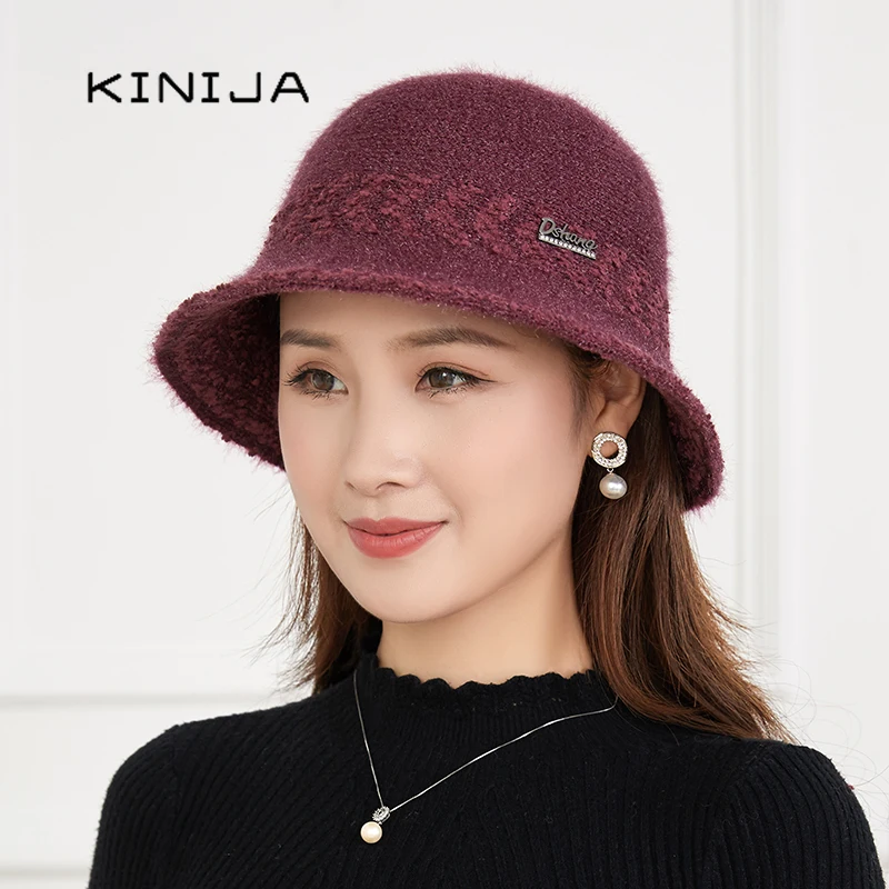 winter bucket hat women outdoor coldproof warm knit wool fedora hat female plush thicken elegant lady basin cap gift for mother