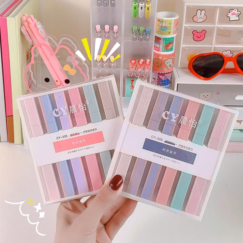 

6pcs Morandi Highlighter Color Light Markers Pen Students Office Use Soft Head Eye Protection Hand Account Pen Stationery