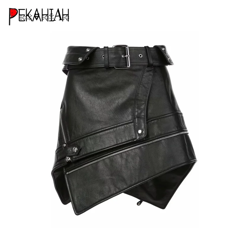 Женская Асимметричная мини юбка черная кожаная на молнии с поясом в стиле панк