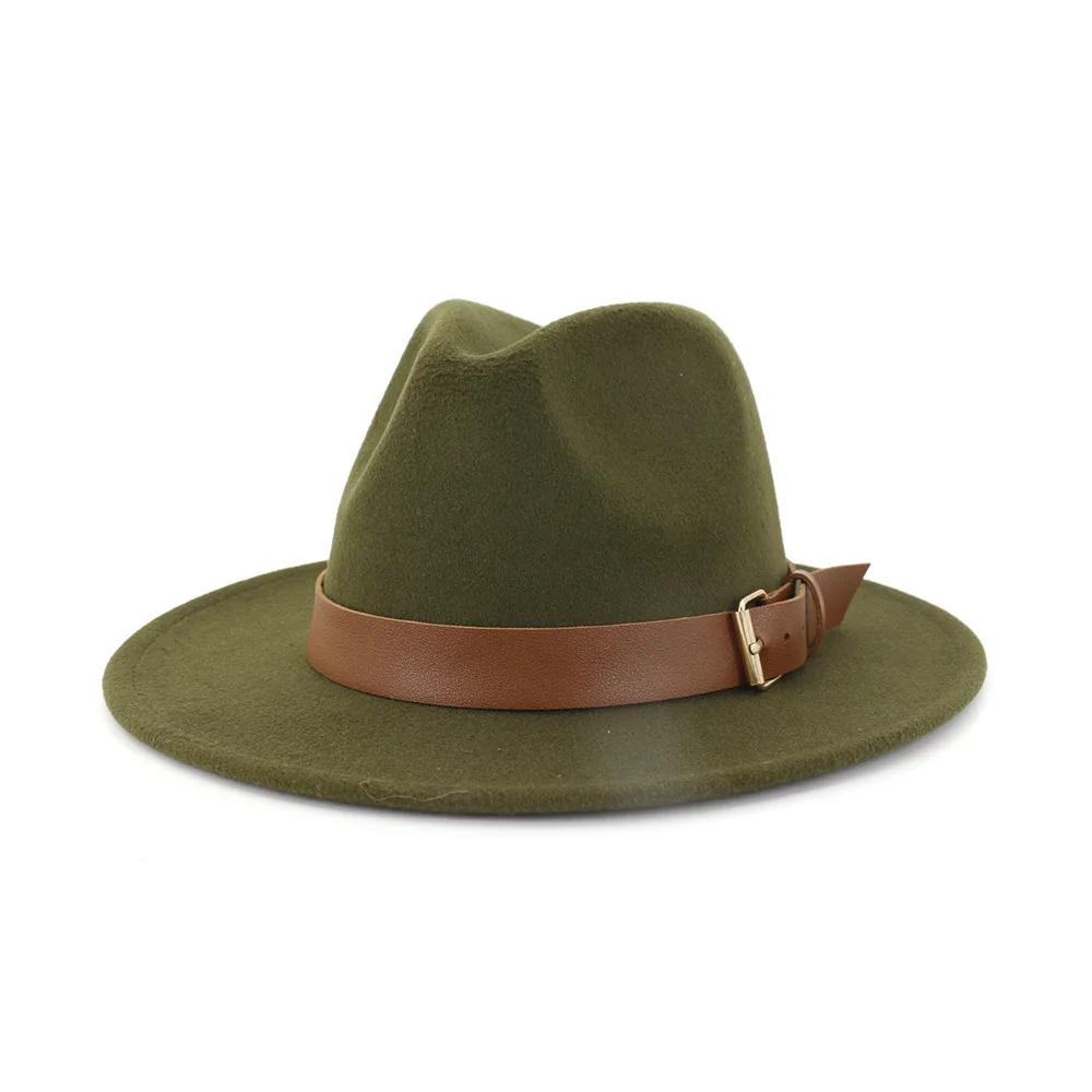 army green Новинка, Зимняя женская бейсболка с меховым помпоном, элегантная коричневая искусственная кожа, ремешок для мужчин, войлок, джаз, федоры для женщин, 13 цветов - Цвет: army green
