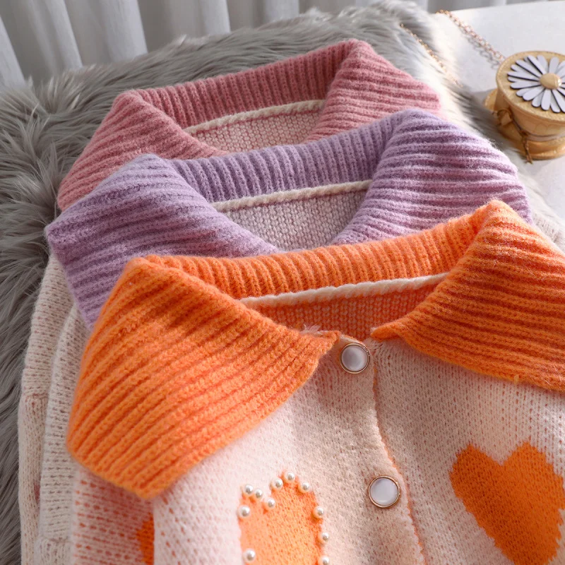 

Knit Cardigan Women Japanese Sweet Gentle Loose Love Pattern Pearl Decorate Lapel Sweater Jacket Girl Autumn Winter Base Tops