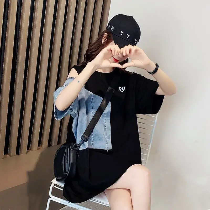 

Korean wind loose sexy slim short sleeve cowgirl stitching love printing long coat women 2021 new