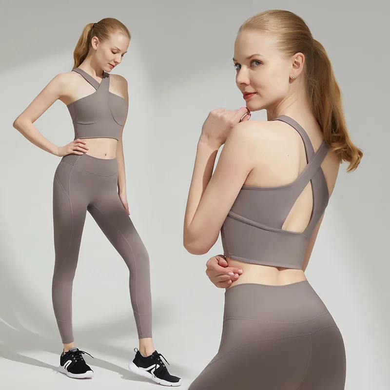 

Women's 2 Piece Tracksuit Workout Outfits High Waist Leggings and Stretch Criss cross strappy Sports Bra Yoga Activewear Set