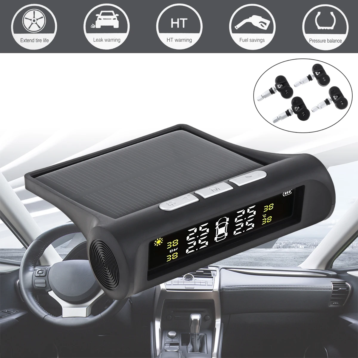 

Car TPMS Tire Pressure Monitoring System Solar Power Digital TMPS LCD Display Auto Security Alarm Systems Tyre Pressure Sensor