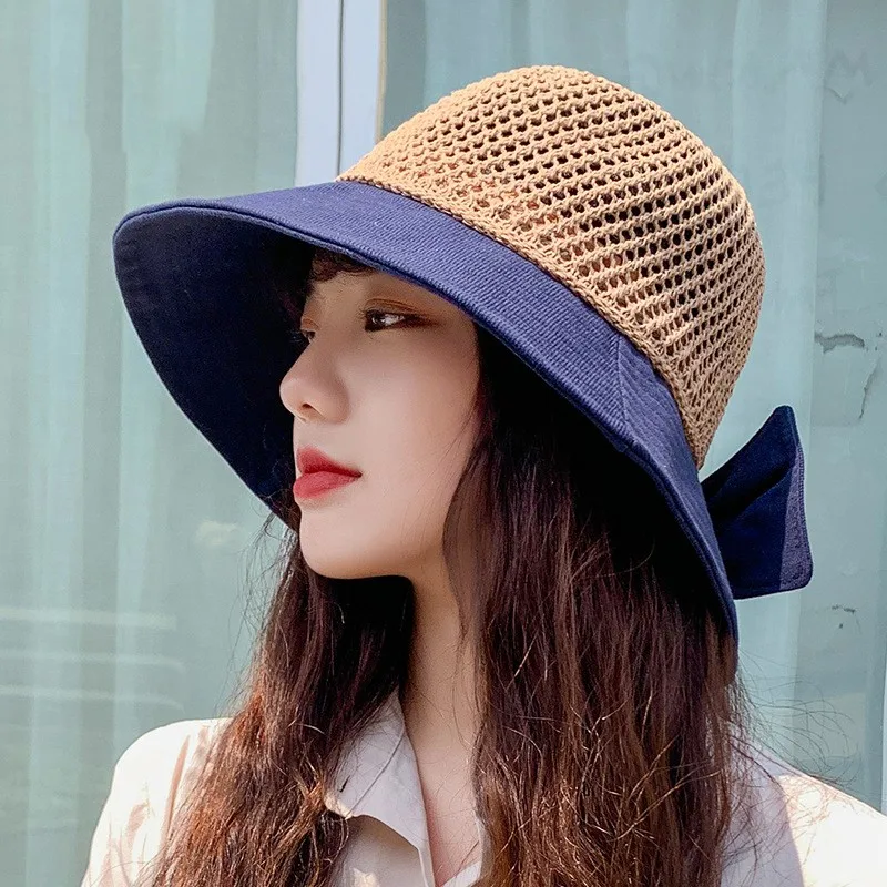 Women's Cap Bucket Hat Summer Knitted Top Stitching Female Korean Color Matching Bow Fisherman Sun Hat All-match Basin Hat