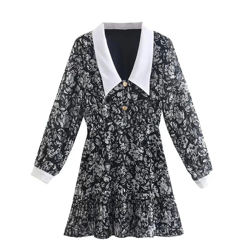 

Женское короткое платье с цветочным принтом, длинным рукавом и отложным воротником