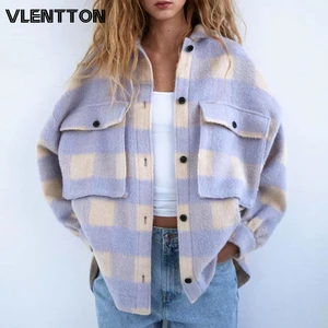 Куртка женская осенне-зимняя, клетчатая, большого размера, с карманами, шерстяные футболки