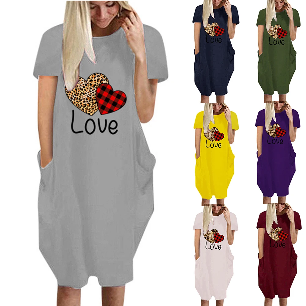 

Women Love Leopard Heart Printed Dress O-Neck Short Sleeve Shirt-Dress Casual Loose Midi Dress Plus Size