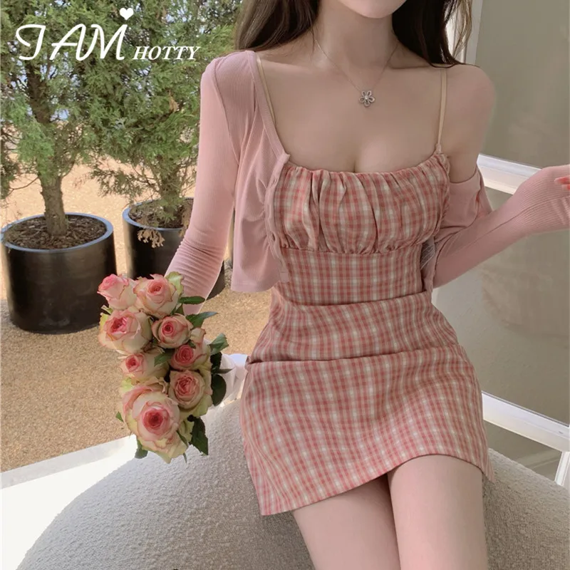 

IAMHOTTY Plaid Printed Aesthetic Kawaii Mini Dress For Women Folds Straps Mini A Line Dresses Pink Korean Japanese Outfit Party
