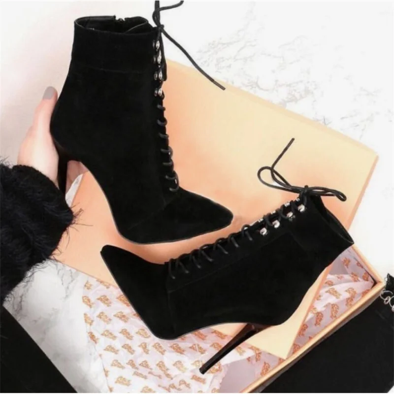 

2021 spring new boots rivet lace pointed suede thin heel high heel middle tube women's Boots