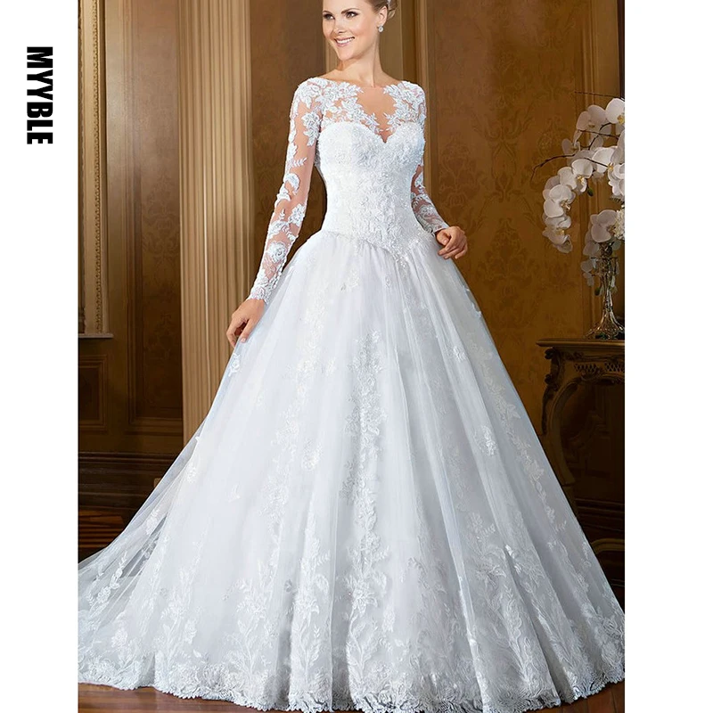 Белое Кружевное мусульманское платье MYYBLE с длинным рукавом свадебное 2021 дешевое