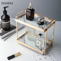 Marble Texture Jewelry Display Shelf Nordic Modern Golden Stroke Double Layer Cosmetic Metal Mirror Storage Tray Home Decoration