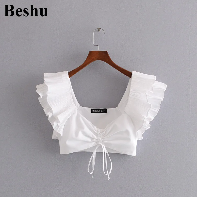 

za 2020 fashion blouse women cotton cascading ruffles square collar center drawstring blouse female side zipper short blusas