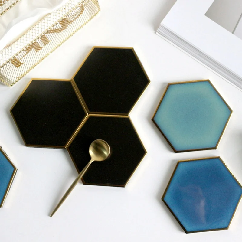 1pcs Nordic Hexagon Gold-plated Ceramic Placemat Heat Insulation Coaster Porcelain Mats Pads Table Decoration