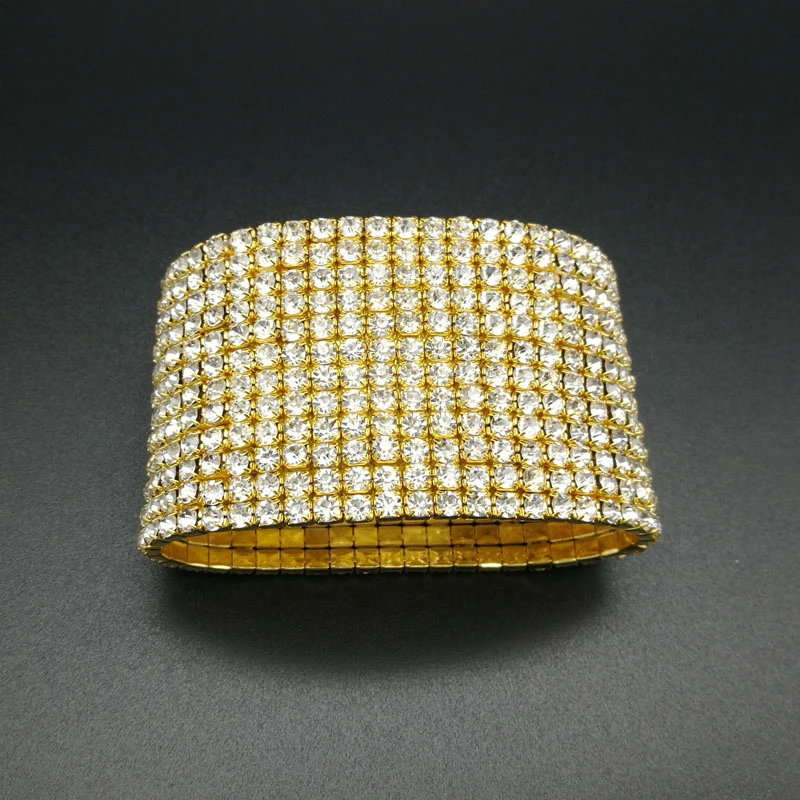 12 рядов Стразы свадебный браслет с кристаллами посеребренный и золотистый цвет