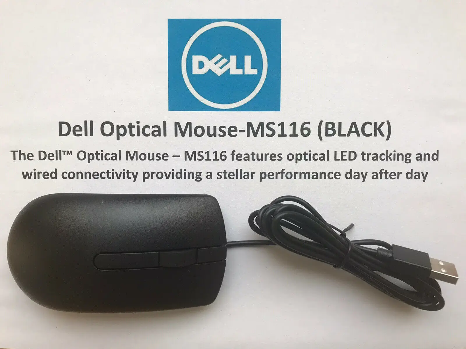 

NEW Genuine Dell MS116 USB Wired Optical Mouse - BLACK Scroll Wheel 3 Button
