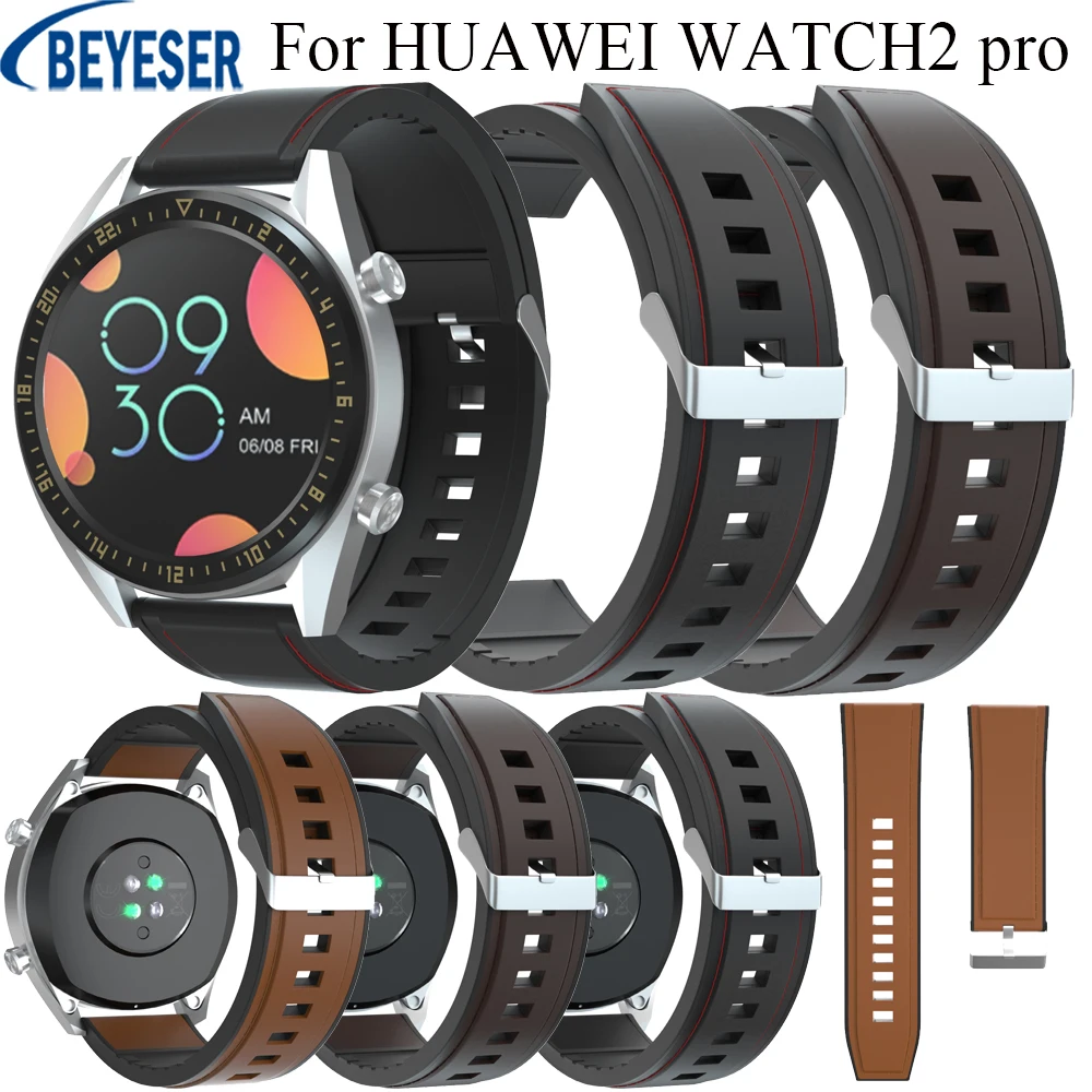 

22mm Silicone plus Leather belt Wristband For HUAWEI WATCH2 pro 46mm Replacement Silver buckle Watchband Strap Smart Bracelet