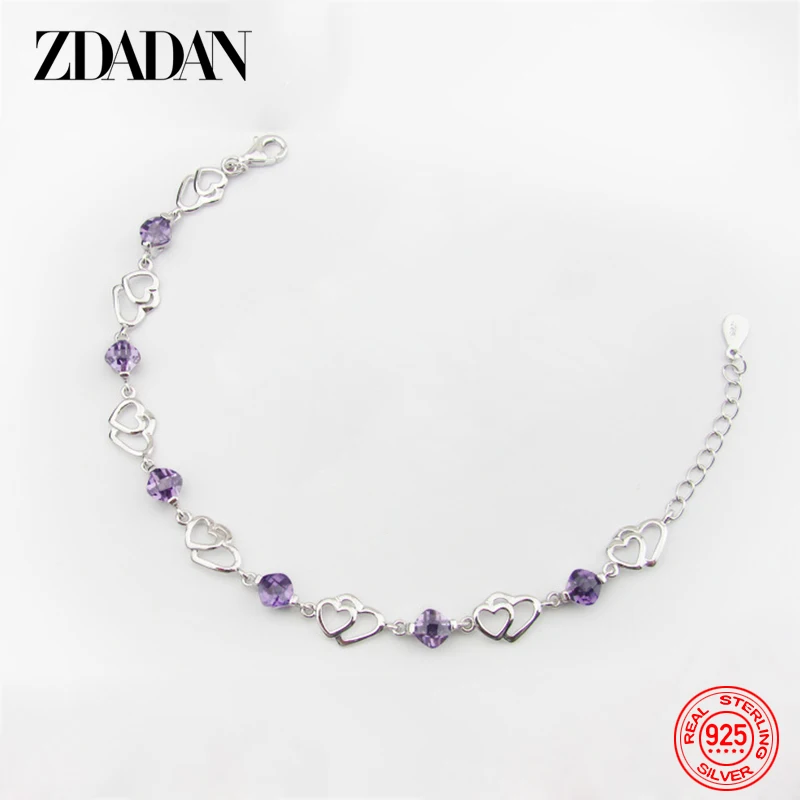 

ZDADAN 925 Sterling Silver Heart Amethyst Bracelet Chain For Women Fashion Wedding Jewelry Gifts