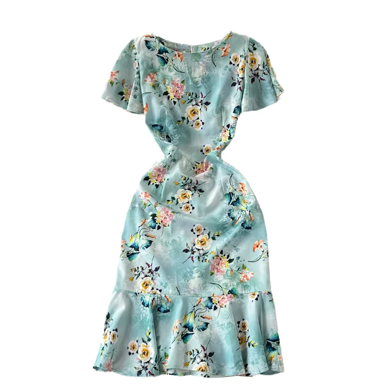 

New French Royal Sister Light Mature Evening Party Dress Fashion Women Round Neck Fishtail Buttock Office Dress Short Sleeve