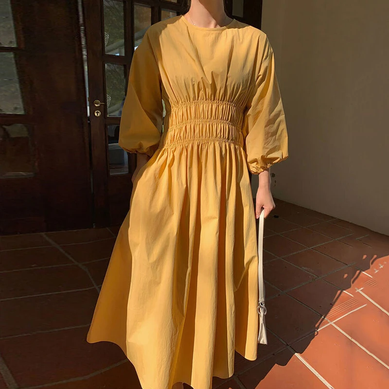 

Korejpaa Women Dress 2021 Early Autumn Korean Chic Retro Elegant Round Neck Pleated Design Waist Slimming Puff Sleeve Vestidos