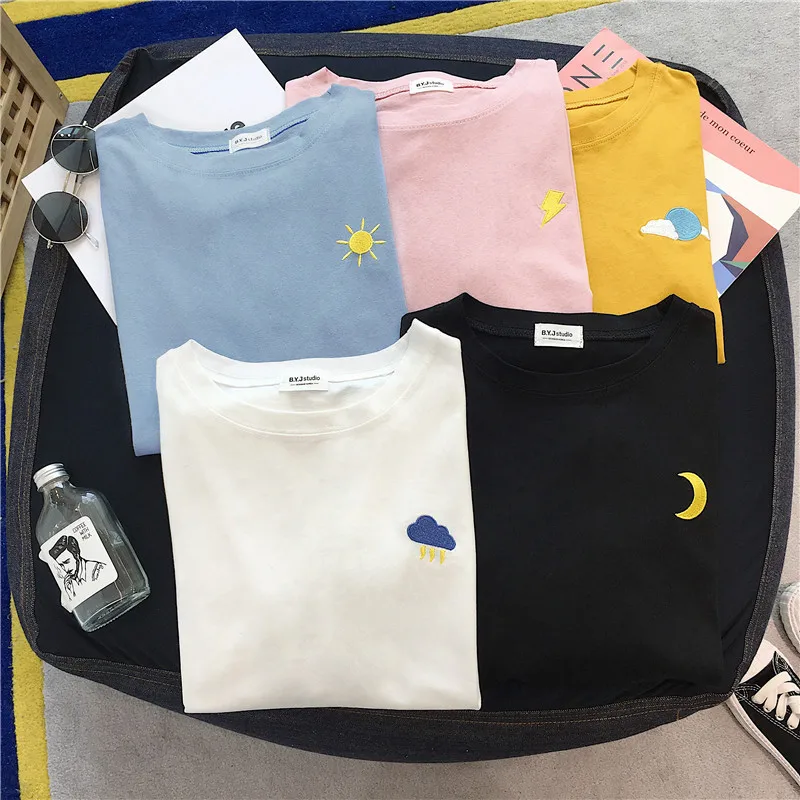 korean ulzzang Women T-shirts harajuku funny weather embroidery t shirt autumn long Sleeve casual loose Tshirt black white tops | Женская