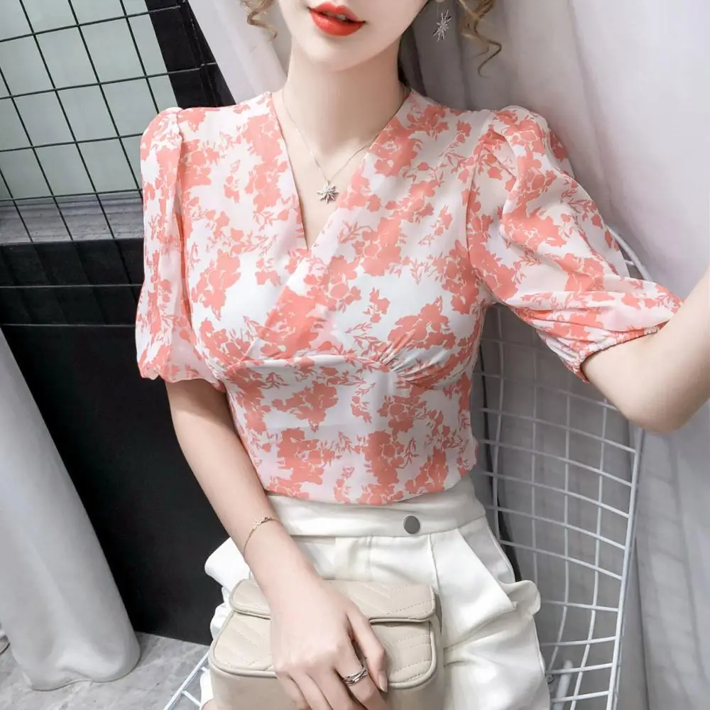 

Women's Spring Summer Style Chiffon Blouse Shirt Women's Slim V-Neck Short Sleeve Printed Elegant Sweet Tops SP1336