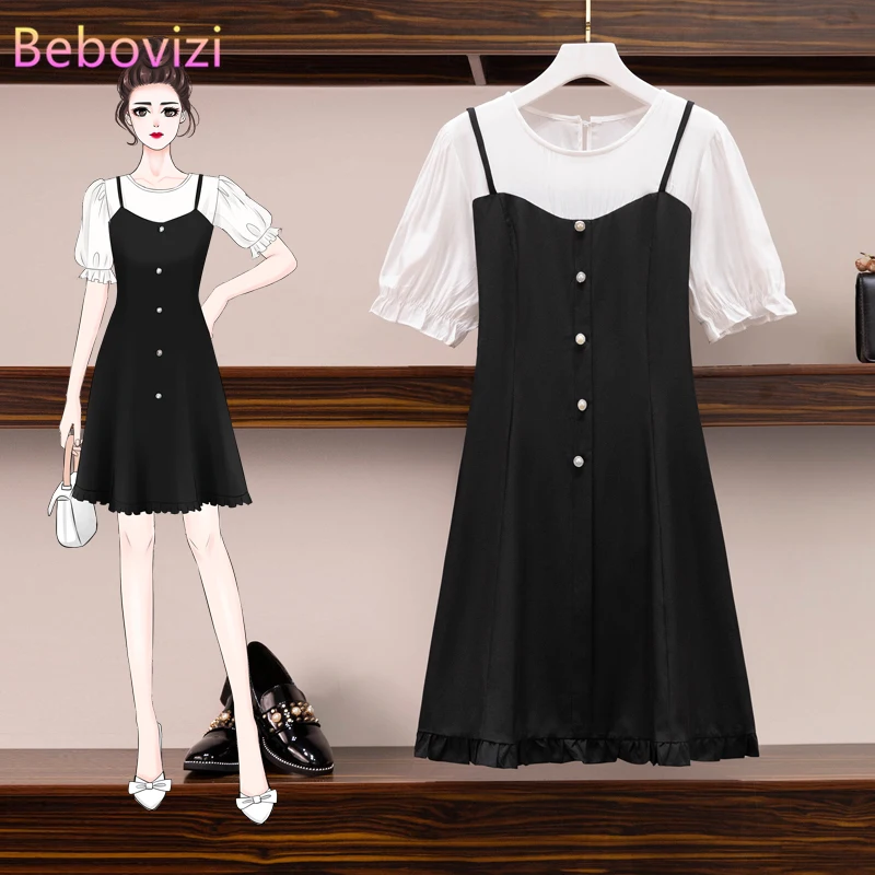 Свободное женское платье с имитацией двух частей черное большого размера летние