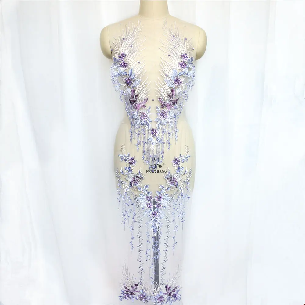 1 комплект фиолетовая кружевная ткань Цветочные бусины с кисточками вышитые