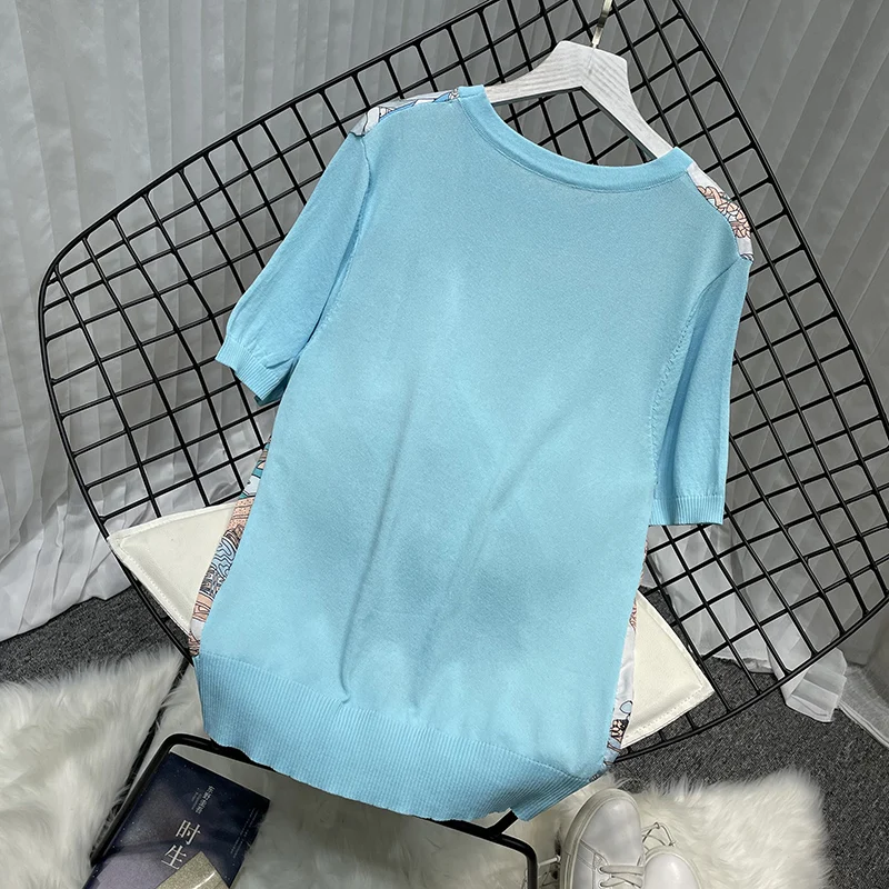 

Short Sleeve Print T-shirts Women European Print Knitted T-shirts Lady Casual Loose Short Sleeve Knitted Tops