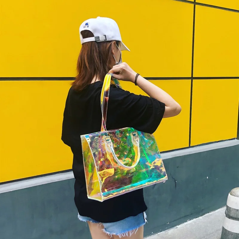 

Laser Transparent Shopping Bag 2021 Women Reflective Magic Color Single Shoulder Bags Jelly Portable Seaside Swimming Beach Bags