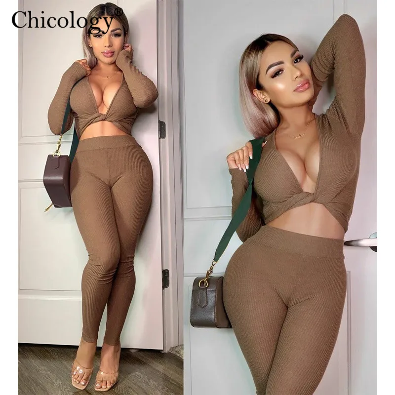 Chicology lace up sexy two piece matching set long sleeve top pants 2 pc club outfits women 2020 winter fall birthday clothes |