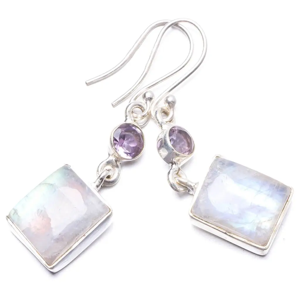 Натуральный лунный камень радуги и Аметист ручной работы Уникальные 925 пробы